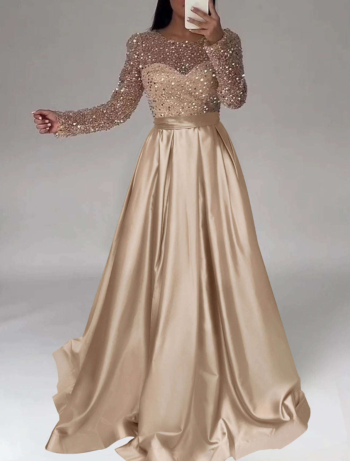 A-Line Evening Gown Sparkle Dress Wedding Black Tie Floor Length Long Sleeve Jewel Neck Satin with Sequin 2025